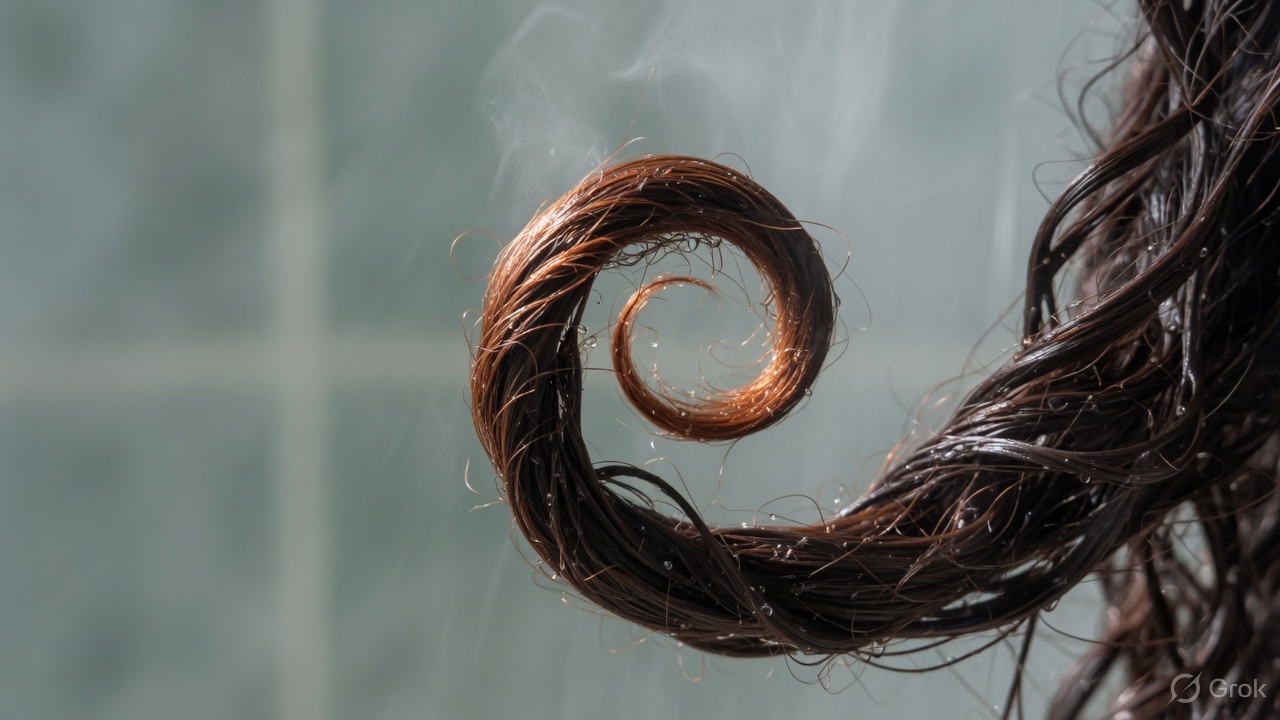 Close photograph of a defined dark brown curl with a copper highlight, still damp.